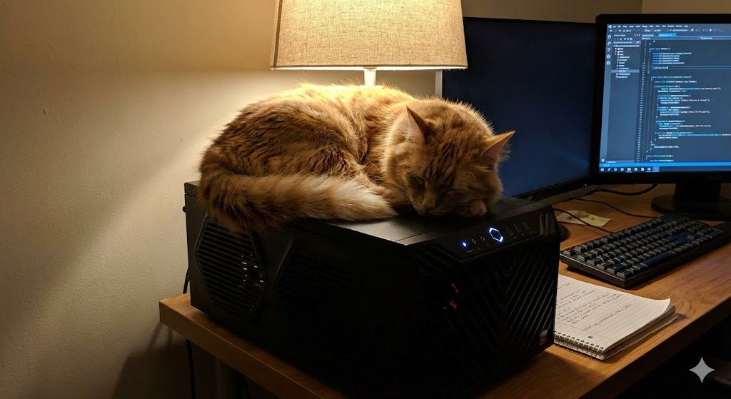A cat supervising a workbench, sitting among tools and parts.