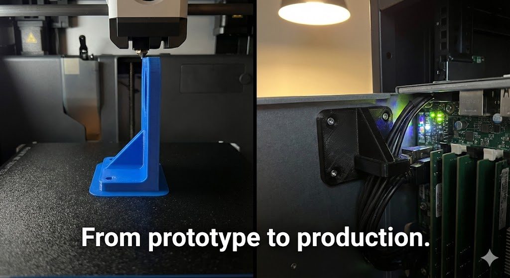 Custom 3D printed NAS brackets and airflow guides laid out on a workbench.