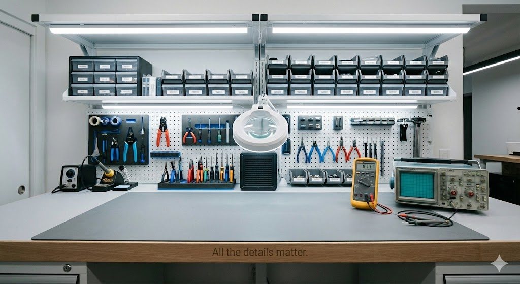 A tidy home electronics workbench with tools, storage, and a clear build area.